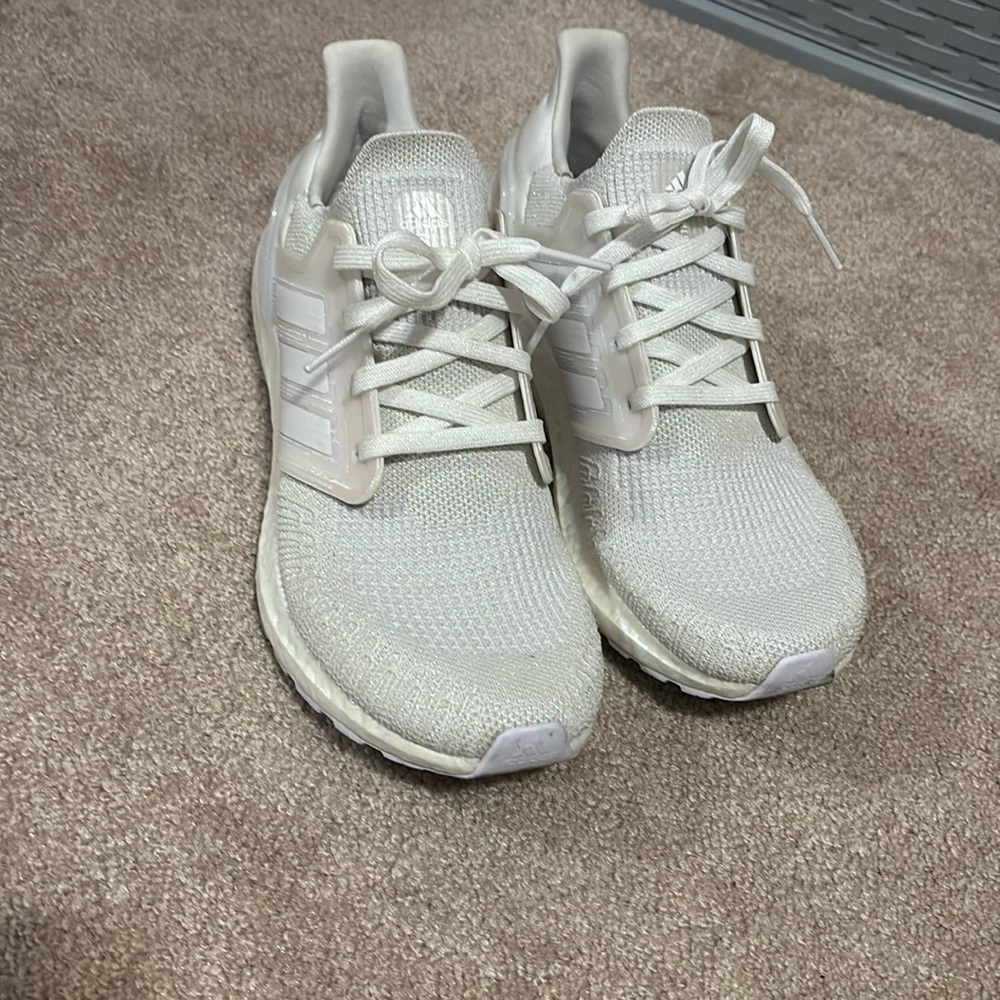 Size 8.5 women’s white and sparkly Adidas ultra boost